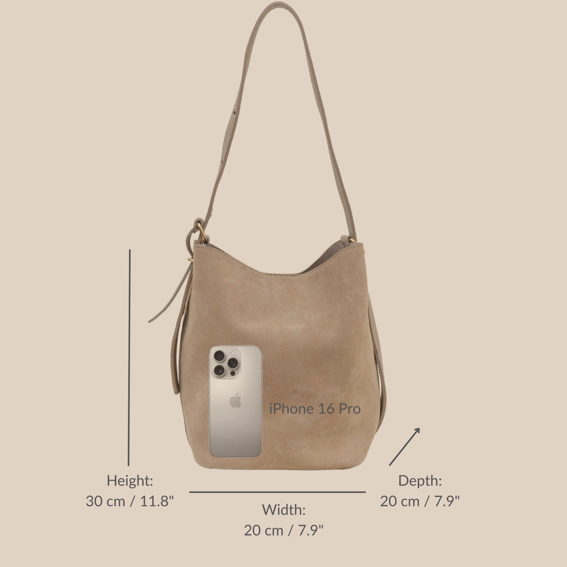 Sophie – Taupe Suede Bucket Bag