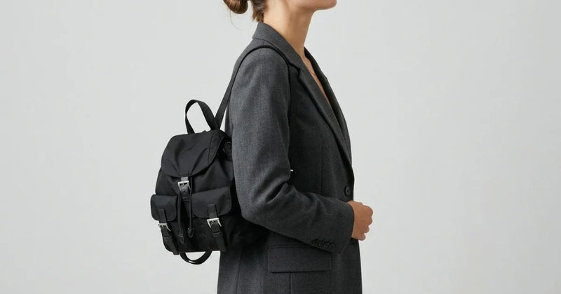 A small black nylon backpack worn as a handbag over a grey blazer