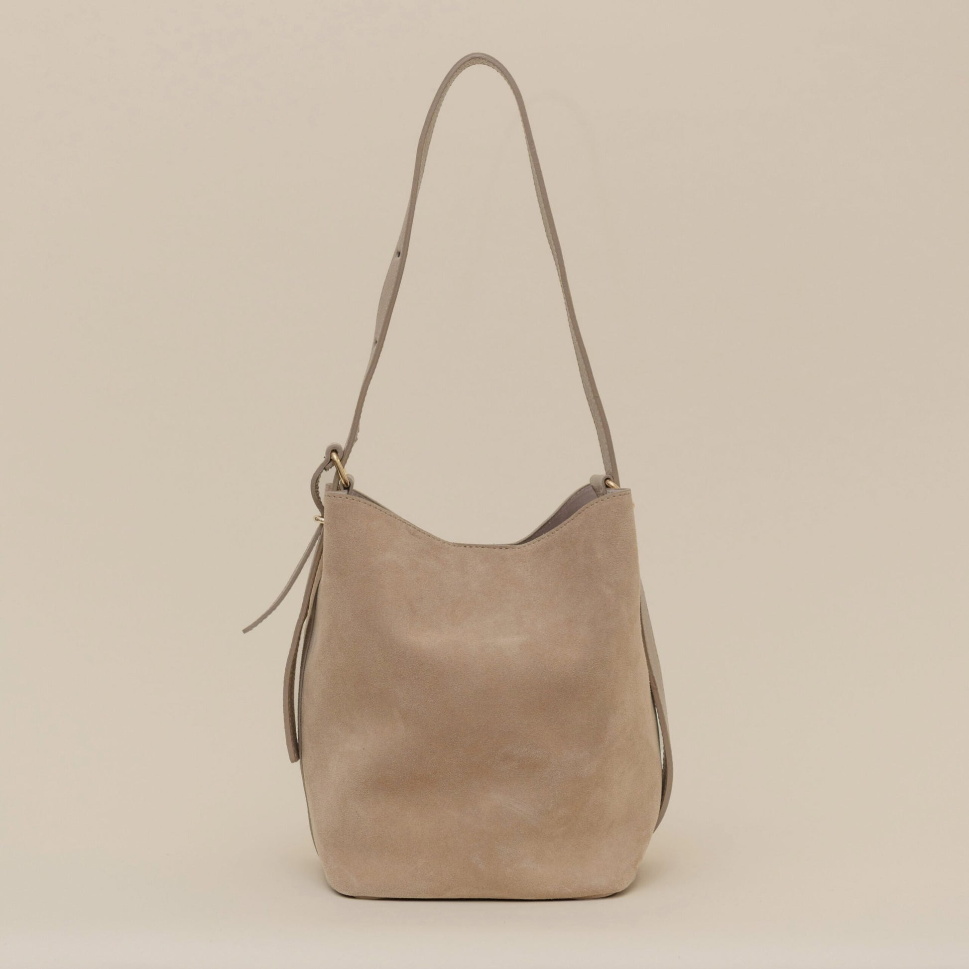 Vilanera Bucket Taupe Suede Handbag - Still 1